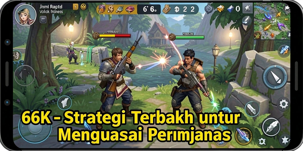 Screenshot gameplay 66K menampilkan pertempuran strategis yang intens.