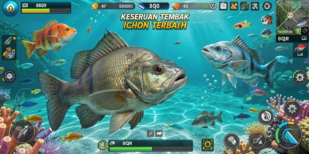 Screenshot gameplay 8QR menampilkan aksi menembak ikan yang seru.