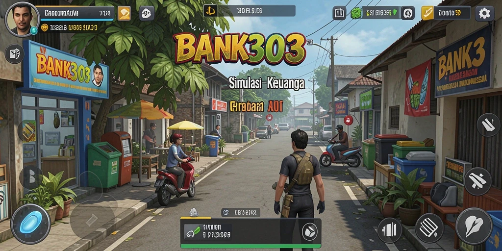 Tampilan gameplay <strong>BANK303</strong> yang menampilkan simulasi keuangan yang interaktif.