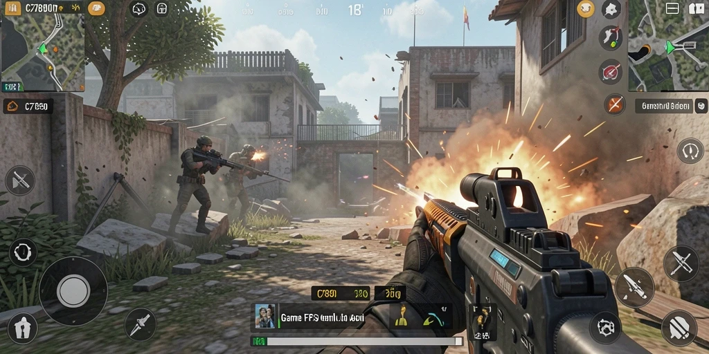Screenshot gameplay C7890 menampilkan aksi tembak-menembak yang intens.