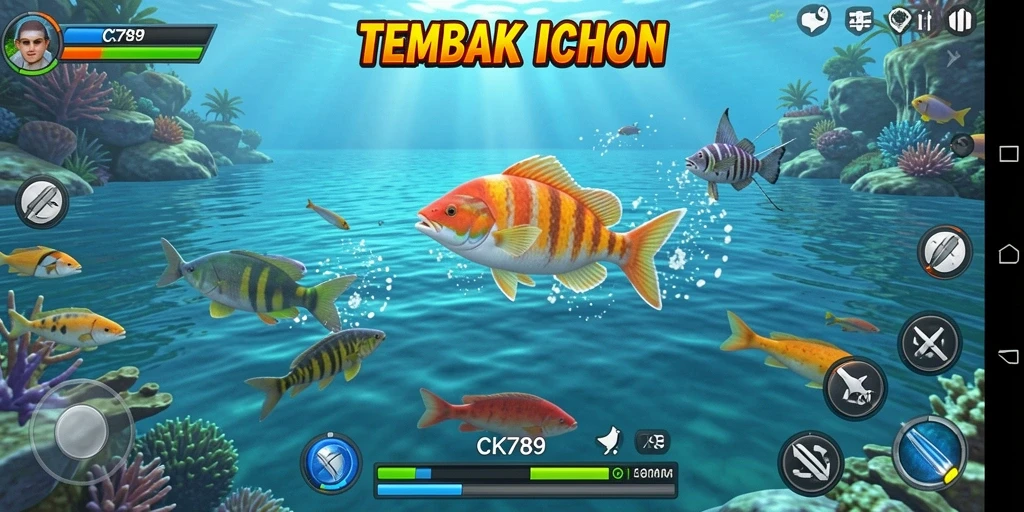 Screenshot gameplay CK789 menunjukkan aksi menembak ikan yang seru.