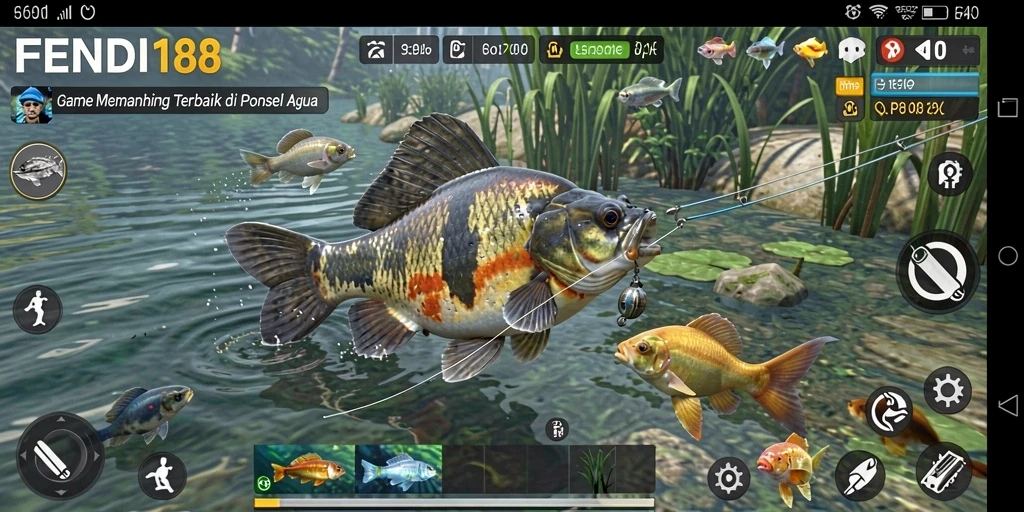 Screenshot utama FENDI188 menampilkan aksi memancing yang seru di lautan.