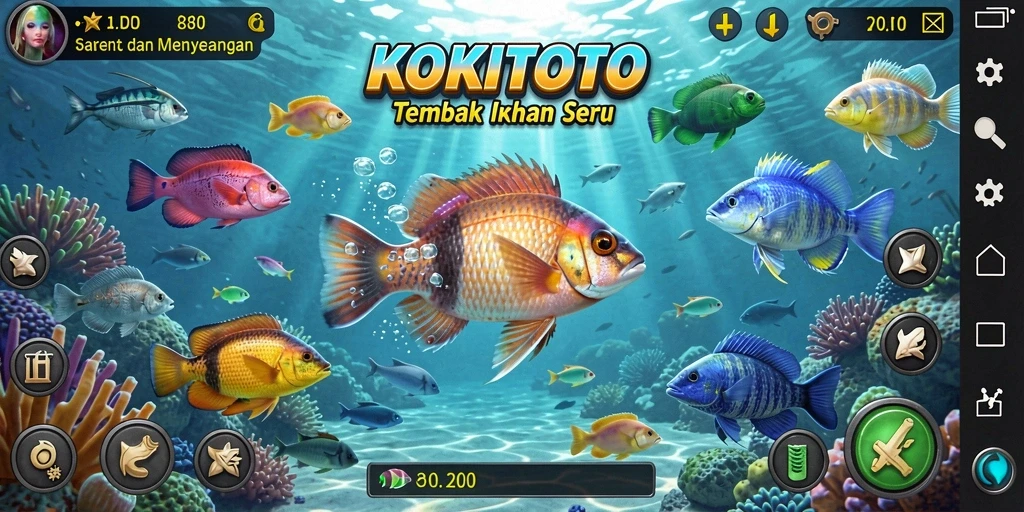 Tampilan gameplay KOKITOTO dengan ikan berwarna-warni dan senjata yang menarik.