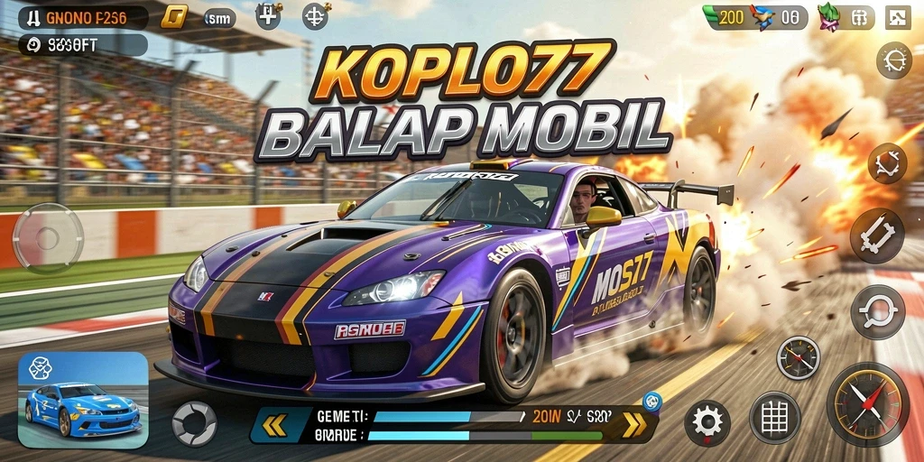 Screenshot utama KOPLO77 menampilkan aksi balap yang mendebarkan dan mobil kustom.