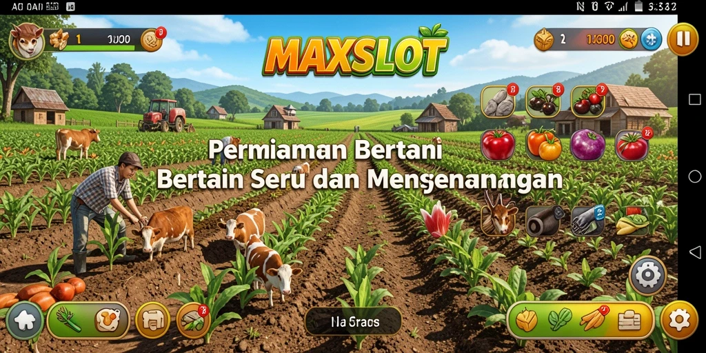 Screenshot game MAXSLOT menunjukkan pemain sedang bertani dengan grafis yang indah.