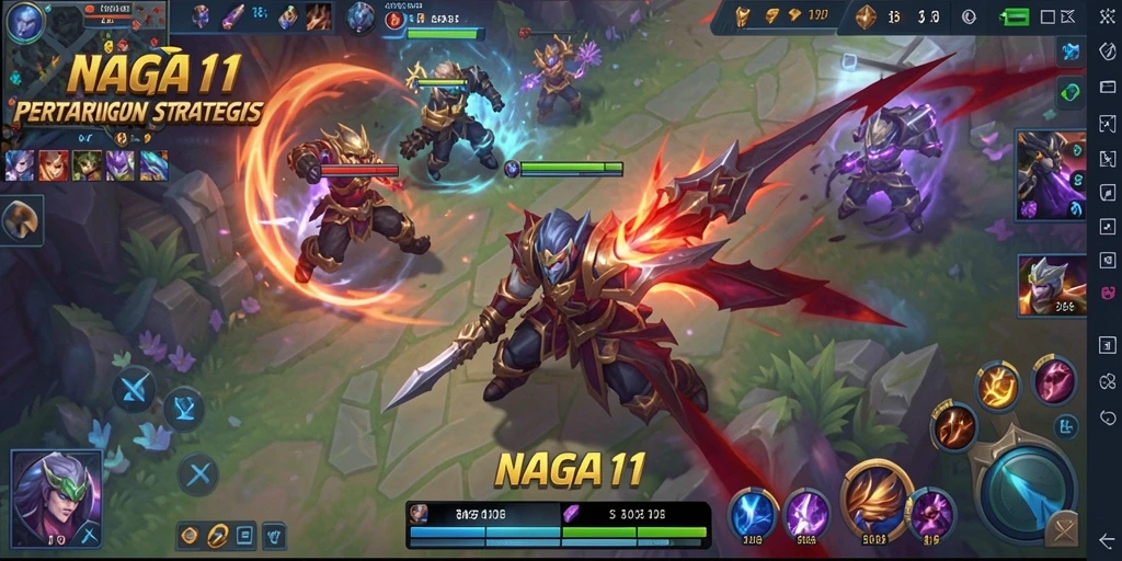 Screenshot NAGA11 menampilkan pertarungan intens di arena MOBA.