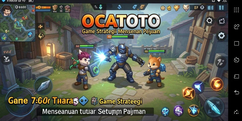 Screenshot menunjukkan pertempuran seru dalam game OCATOTO dengan tata letak strategis yang menarik.