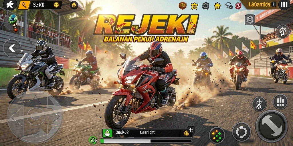 Tangkapan layar gameplay REJEKI menampilkan aksi balapan motor yang seru.
