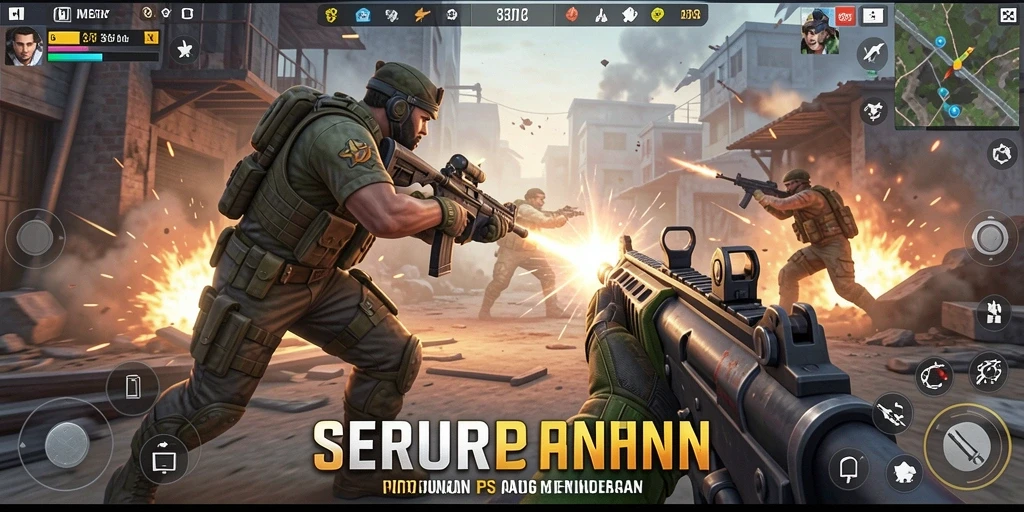 Tangkapan layar SERURP menampilkan aksi menembak yang intens di arena pertempuran.