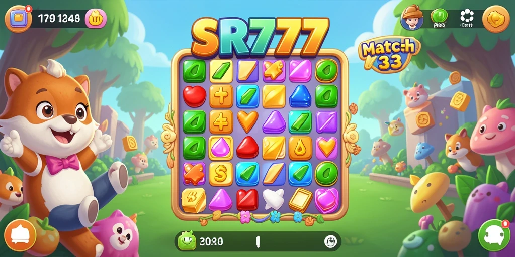 Tangkapan layar SR777 memperlihatkan gameplay Match-3 yang dinamis dan penuh warna.