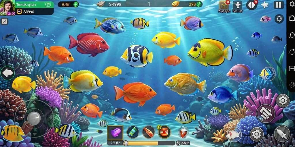 Tampilan gameplay SR996 menampilkan aksi menembak ikan yang seru.
