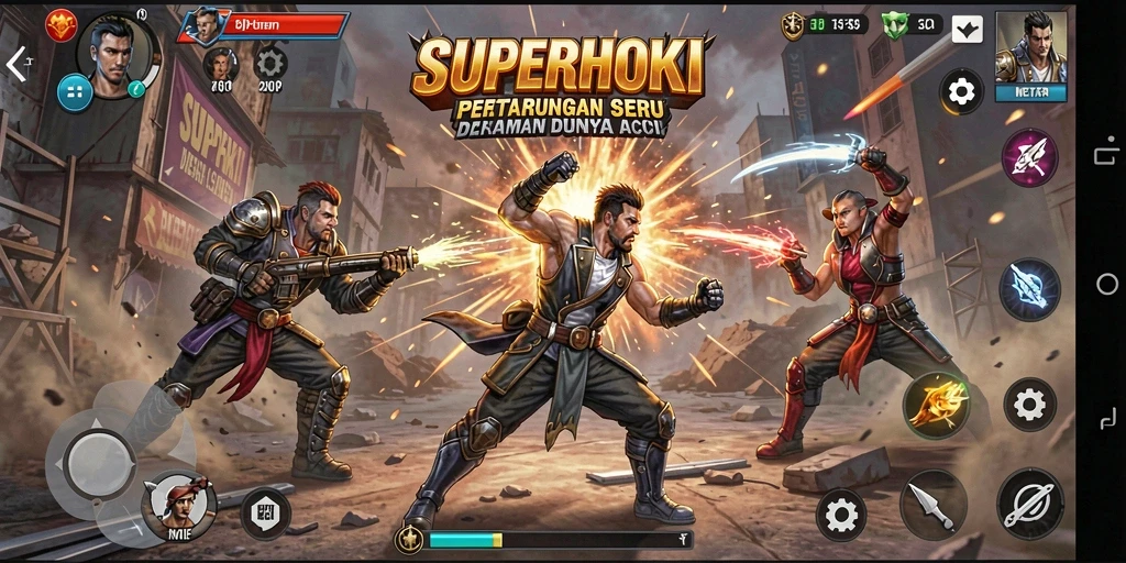 Screenshot SUPERHOKI menampilkan aksi memukau dalam pertempuran seru.