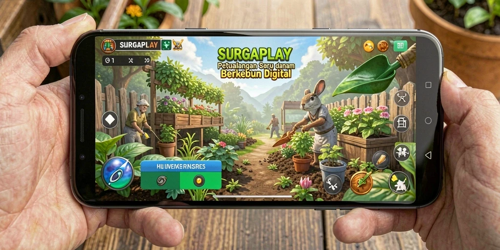 Tangkapan layar gameplay SURGAPLAY menampilkan keindahan kebun yang dirawat dengan baik.