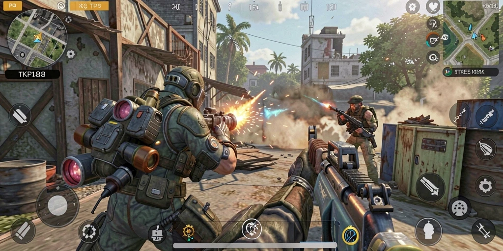 Screenshot gameplay TKP188 menunjukkan aksi pertempuran yang intens dan dinamis.