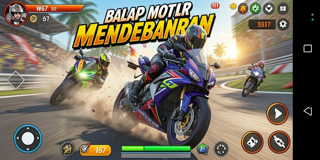 Screenshot gameplay W67 menunjukkan aksi balap yang mendebarkan.